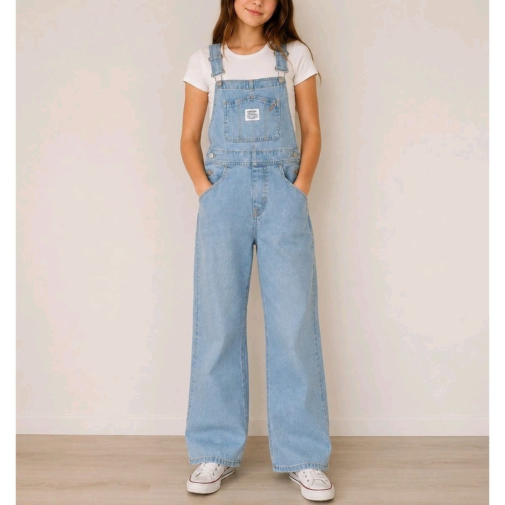 Levi Strauss Signature Girls L Denim Overalls Light Wash Wide Leg Y2K